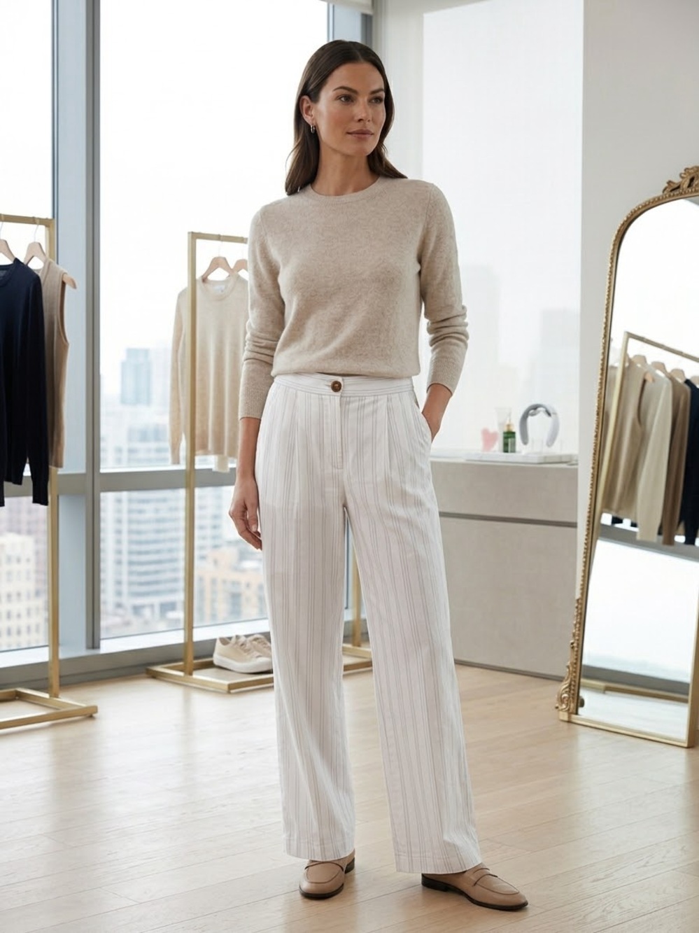 Vince Cream Pinstripe Wide-Leg Trousers